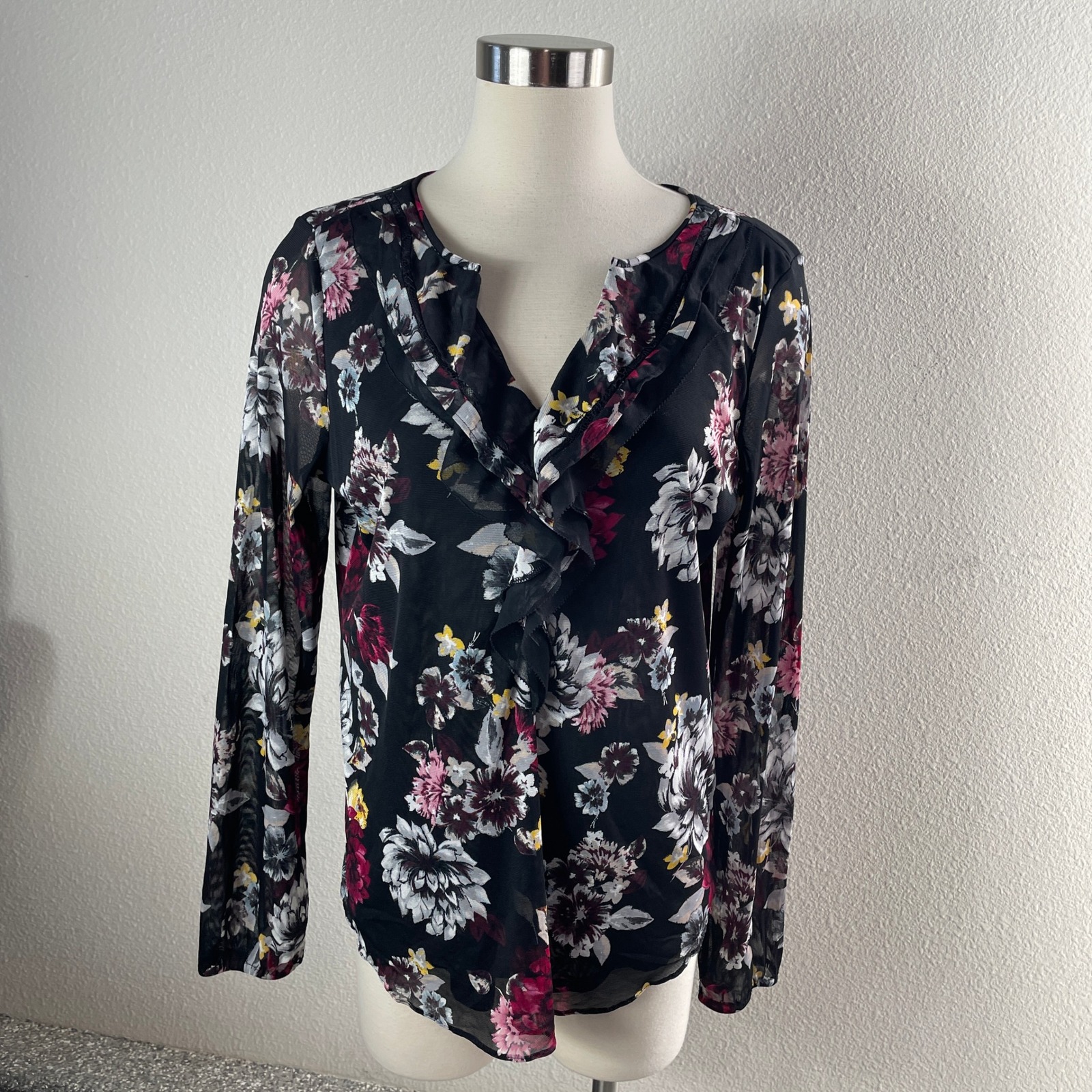 White House Black Market Womens Large Floral Ruffle Long Sleeve Top Blouse
